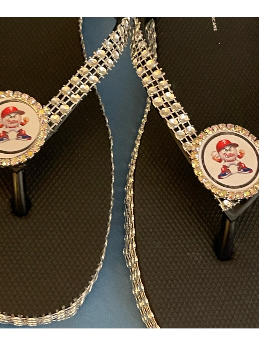 Women’s Rhinestone Black Sandals with Sports Medallion